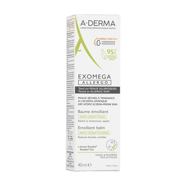 A-Derma Exomega Allergo Emollient-Balsam 40 ml, beruhigend und feuchtigkeitsspendend für trockene und atopische Haut