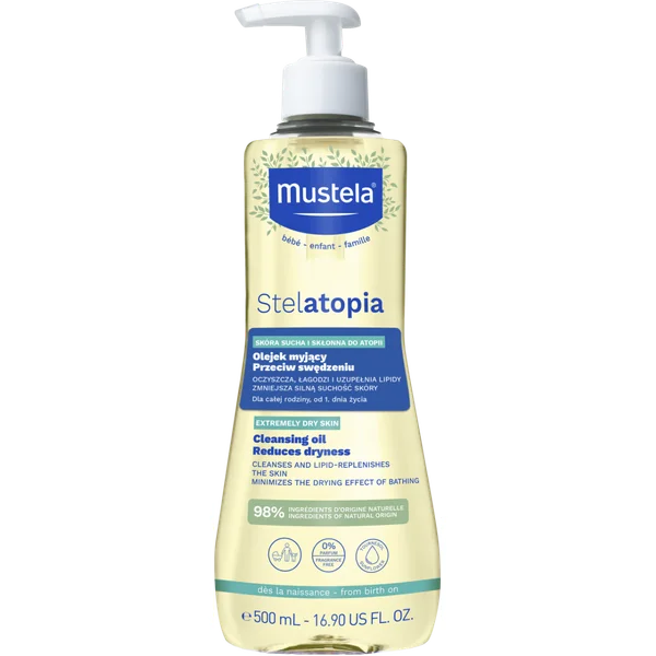 Mustela Stelatopia Reinigungsöl für Babys – sanfte Pflege und Reinigung empfindlicher Haut ab der Geburt, 500 ml Flasche
