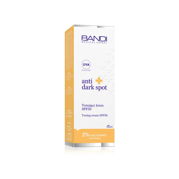 BANDI Anti Dark Spot SPF 50, Tönende Schutzcreme für das Gesicht, schützt vor UVA- und UVB-Strahlung, bekämpft Pigmentflecken und Hautalterung.
