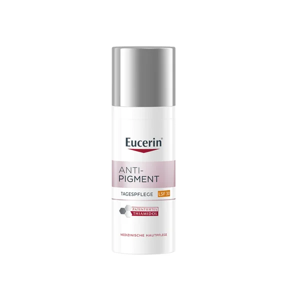 Eucerin Anti-Pigment Tagescreme SPF 30 für eine gleichmäßige Hautfarbe und Schutz vor UV-Schäden.