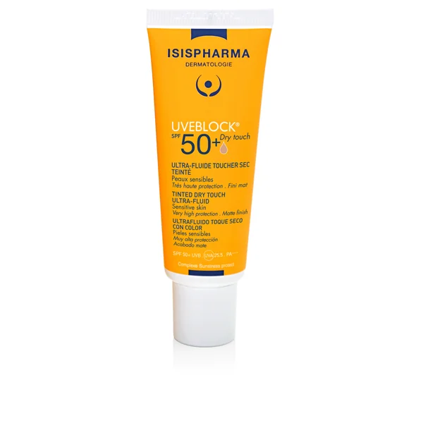 Isispharma Uveblock Ultra Leichter Fluid Dry Touch SPF 50+, 40 ml, getönte, mattierende Sonnencreme für Gesicht und Körper, hypoallergen und wasserresistent