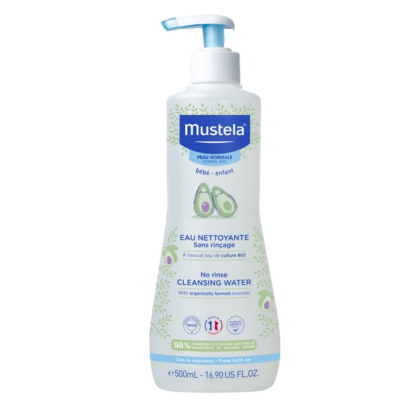 Mustela Bebe Enfant sanftes Reinigungwasser 500 ml – reinigt Gesicht und Windelbereich, pflegt empfindliche Babyhaut, vegan, ohne Abspülen.