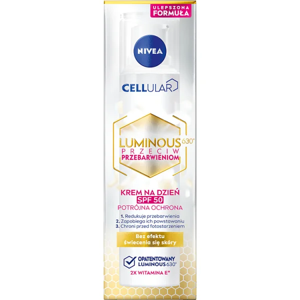 Nivea Cellular Luminous630 Tagescreme SPF 50 wirkt gegen Pigmentflecken, schützt die Haut vor UV-Strahlen und sorgt für einen ebenmäßigen Teint.
