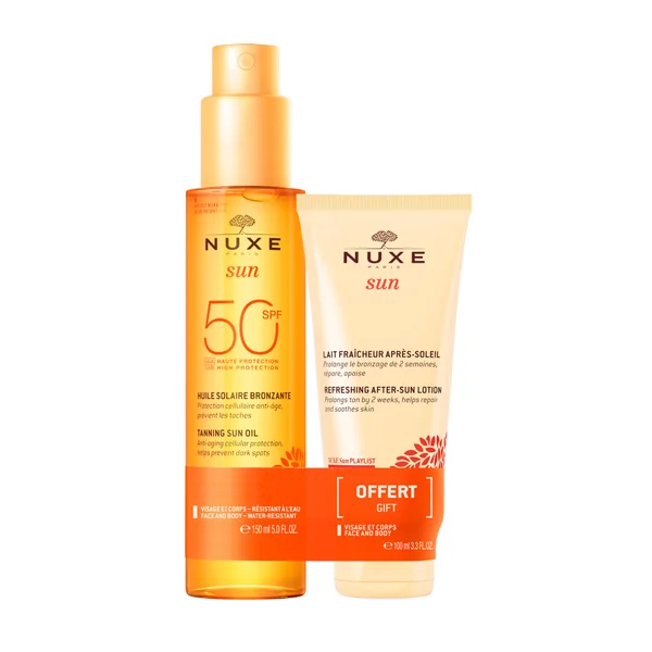 Nuxe Sun Set mit Sonnenöl für Gesicht und Körper SPF 50 150 ml und After-Sun-Balsam 100 ml
