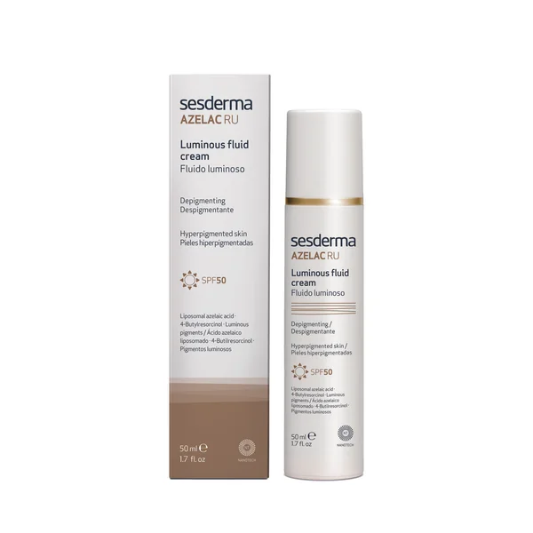 Sesderma Azelac RU Aufhellende Emulsion SPF 50+ zur Behandlung von Hautverfärbungen und zum Schutz vor UV-Strahlen für eine gleichmäßige Hautfarbe.