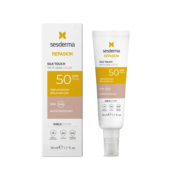 Sesderma Repaskin Silk Touch Color SPF 50, 50 ml, getönte Sonnenschutzcreme für Gesicht, schützt vor UVA/UVB, spendet Feuchtigkeit, glättet die Haut