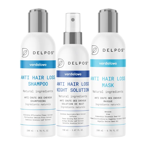 Verdelove Delpos Set Anti-Haarausfall Produkte, 200 ml + 150 ml + 200 ml1 Verdelove Delpos Set gegen Haarausfall – Shampoo 200 ml, Lotion 150 ml und Maske 200 ml zur Stärkung der Haare
