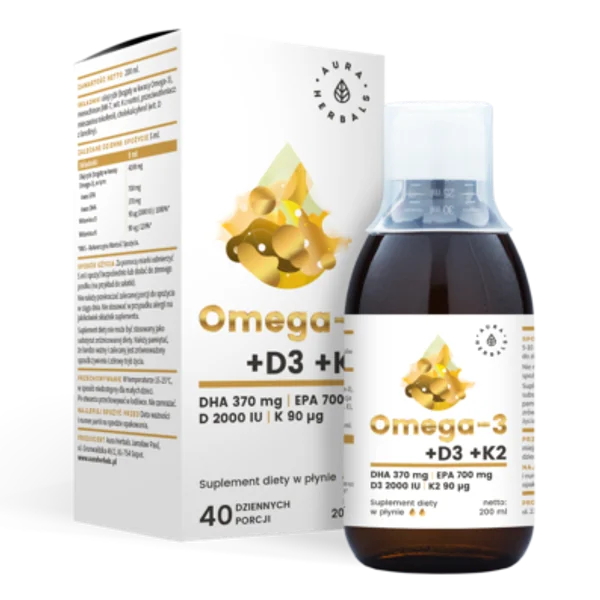 Aura Herbals Omega-3 Flüssigkeit 200 ml mit DHA, EPA, Vitamin D3 und K2 MK7 für Herz, Knochen und Immunsystem