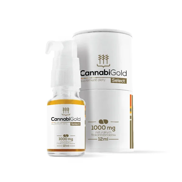 CannabiGold Select 1000 Vollspektrum CBD Öl Flasche 12 ml mit goldenem Öl