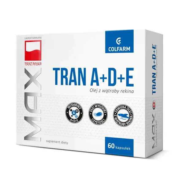 Flasche Colfarm Tran A+D+E, 60 Kapseln – hochwertiges Haileberöl mit Vitamin A, D und E zur Unterstützung des Immunsystems und der allgemeinen Gesundheit.