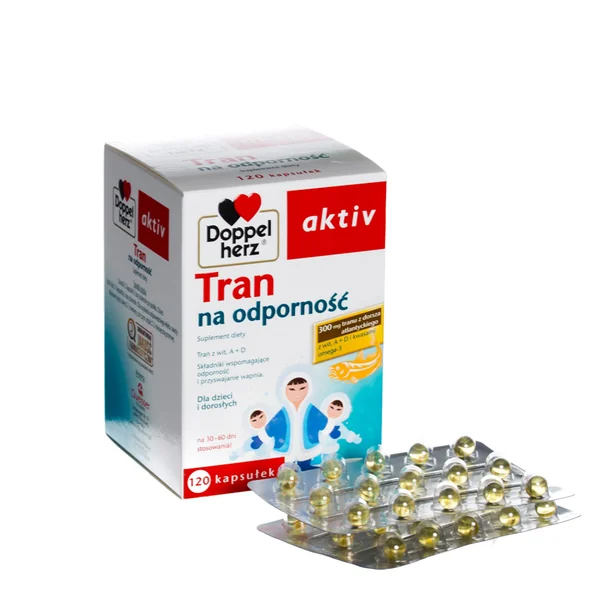 Dose Doppelherz Aktiv Lebertran-Kapseln, 120 Stück, Nahrungsergänzungsmittel mit Omega-3, Vitamin A & D zur Unterstützung der Abwehrkräfte