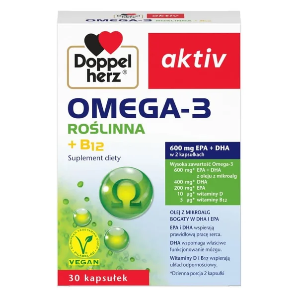 Doppelherz Omega-3 Pflanzlich 30 Kapseln mit Algenöl, DHA, EPA und Vitamin D – veganes Omega-3 für Herz und Gehirn