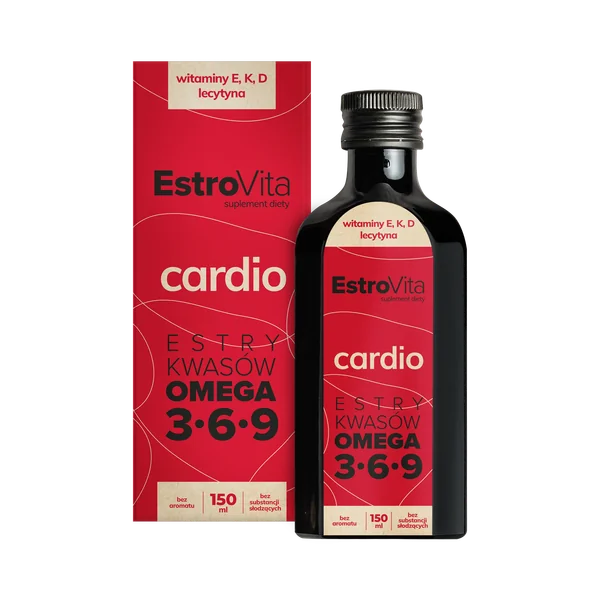 EstroVita Cardio 150 ml – flüssiges Nahrungsergänzungsmittel mit Omega-3-6-9 aus vier Pflanzenölen, angereichert mit Vitaminen D, E, K und Lecithin.