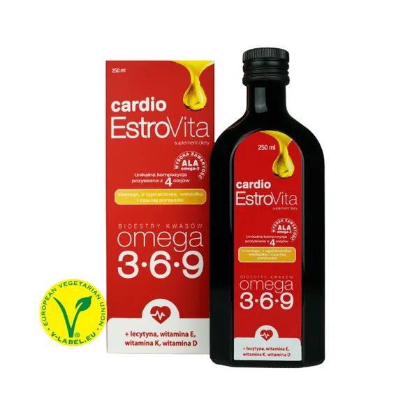 EstroVita Cardio 250 ml – flüssiges Nahrungsergänzungsmittel mit Omega-3-6-9 aus vier Pflanzenölen, angereichert mit Vitaminen D, E, K und Lecithin.