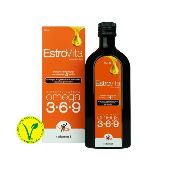 EstroVita Classic 250 ml, flüssiges Nahrungsergänzungsmittel mit Omega-3-6-9-Fettsäuren aus Leinöl, Borretschöl, Nachtkerzenöl und Schwarze-Johannisbeeren-Öl, angereichert mit Vitamin E