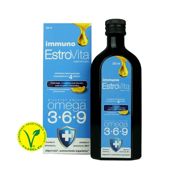EstroVita Immuno 250 ml, flüssiges Nahrungsergänzungsmittel mit Omega-3-6-9-Fettsäuren und Vitaminen A, D, E, K für Immunsystem und Gesundheit