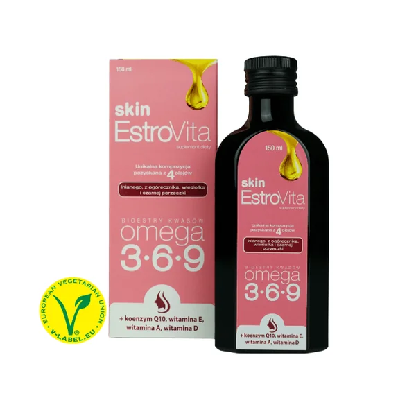 EstroVita Skin 150 ml – flüssiges Nahrungsergänzungsmittel mit Omega-3-6-9 aus vier Pflanzenölen, angereichert mit Vitaminen A, D, E und Coenzym Q10.