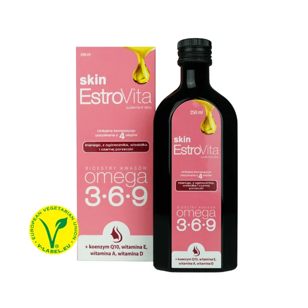 EstroVita Skin 250 ml – flüssiges Nahrungsergänzungsmittel mit Omega-3-6-9 aus vier Pflanzenölen, angereichert mit Vitaminen A, D, E und Coenzym Q10.