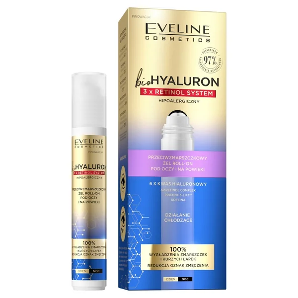 Eveline BioHyaluron 3x Retinol Anti-Falten Augen- und Augenlidgel Roll-On 15 ml glättet Falten und reduziert Schwellungen