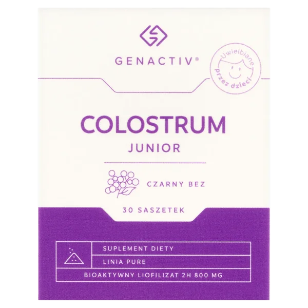 Genactiv Colostrum Junior Schwarz, 30 Beutel – Nahrungsergänzung für Kinder und Erwachsene mit Rinderkolostrum, Holunderbeerenextrakt, Hagebutte und Vitamin C