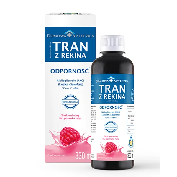 Flasche Domowa Apteczka Haifischlebertran 330 ml, Himbeergeschmack, Nahrungsergänzung für Immunsystem und Omega-3 Versorgung