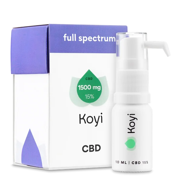 Koyi CBD Hanföl 15% – 10 ml Flasche mit 1500 mg CBD, Full-Spectrum-Hanföl, reich an Terpenen, Vitaminen A, B, C, D, E und Omega-3-6-9-Fettsäuren.