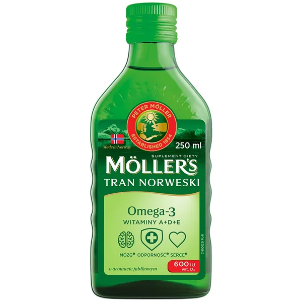 Moller's Norwegischer Lebertran 250 ml flüssig mit Apfelgeschmack – Omega-3, Vitamin A, D und E für Herz, Gehirn und Immunsystem