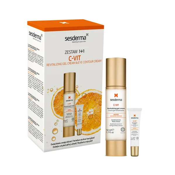 Sesderma C-VIT Gel-Creme 50 ml + Augenpflege 15 ml – feuchtigkeitsspendend, Vitamin C, Anti-Aging, aufhellend, Pflege für Gesicht und Augen