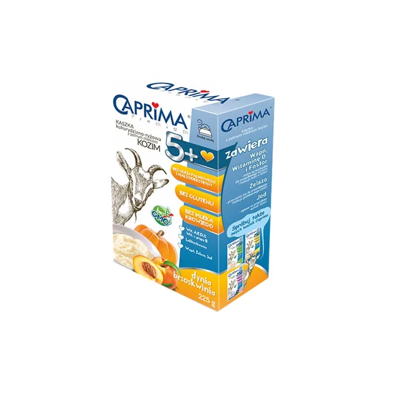 Caprima Premium Mais-Reis-Brei mit Ziegenmilch, Pfirsich und Kürbis für Babys ab 5 Monaten
