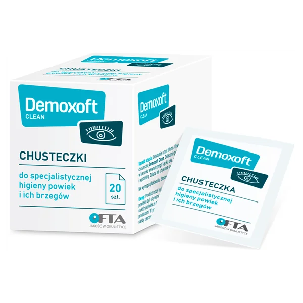 Demoxoft Clean Tücher für die schonende Reinigung und Pflege empfindlicher Augenlider, einzeln verpackt, 20 Stück.