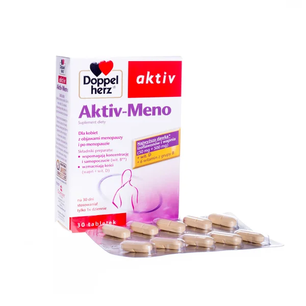 Doppelherz Aktiv-Meno Tabletten für Frauen in den Wechseljahren mit Isoflavonen und Vitaminen.
