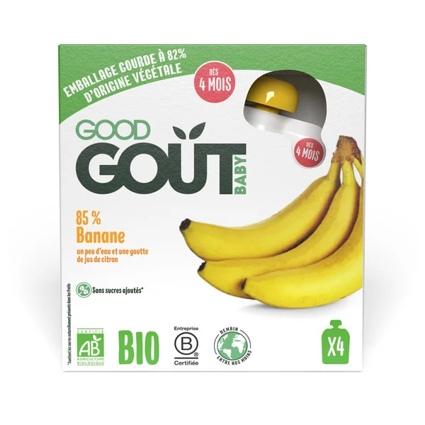 Good Gout BIO Bananenpüree, 4x85 g, cremiger Fruchtbrei aus 85 % Bio-Bananen, glutenfrei, für Babys ab 4 Monaten