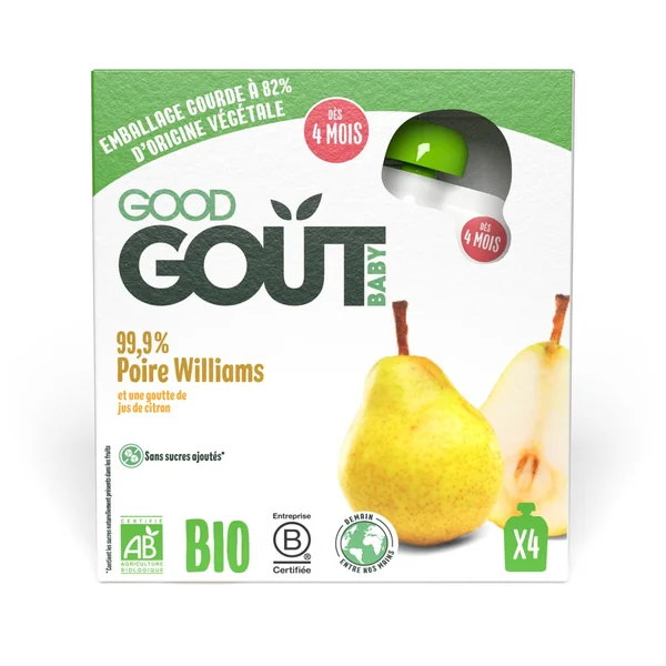 Good Gout BIO Birnenpüree, 4x85 g, cremiges Fruchtpüree aus 99,9 % Williams-Birnen, glutenfrei, für Babys ab 4 Monaten
