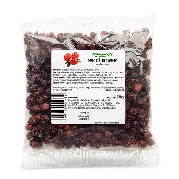 Herbapol Cranberry-Frucht 50 g – getrocknete Beeren für die Zubereitung eines natürlichen, erfrischenden Getränks.