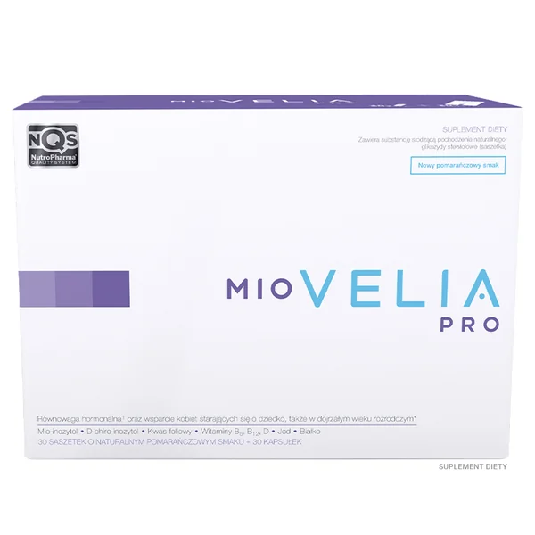 Miovelia PRO Nahrungsergänzung für Frauen zur Unterstützung von Fruchtbarkeit und hormonellem Gleichgewicht, 30 Beutel + 30 Kapseln.