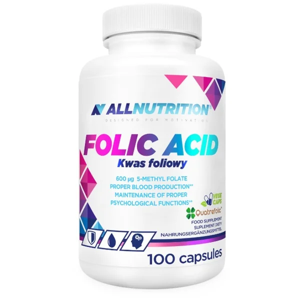 ALLNUTRITION Folic Acid 100 Kapseln VEGE mit Quatrefolic® zur Unterstützung von Blutbildung, Nervensystem und psychischen Funktionen