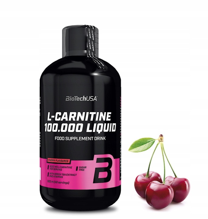 BioTech USA L-Carnitin 100.000 Liquid 500 ml Kirsche – L-Carnitin Drink mit grünem Tee, Vitaminen und Zuckerfrei für Fitness und Energie