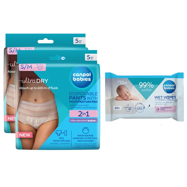 Canpol ultraDRY Einwegslips S/M mit absorbierender Wochenbett-Einlage und Feuchttüchern für optimalen Schutz und Komfort