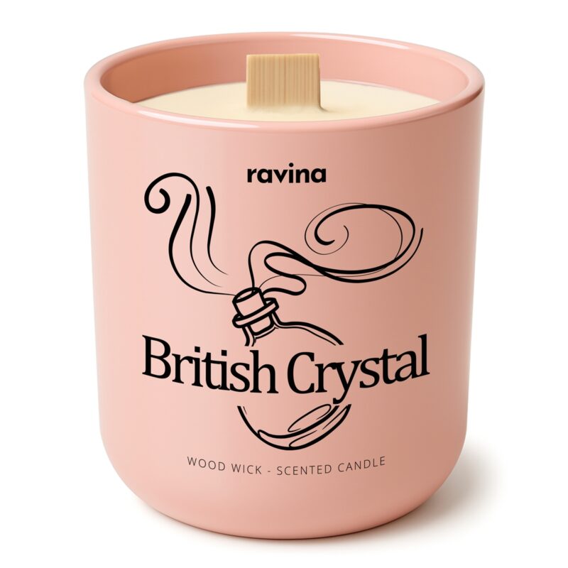 British Crystal Duftkerze von Ravina in handbemaltem Glas, inspiriert von Bright Crystal Versace, fruchtig-blumiger Duft mit Granatapfel, Yuzu und Pfingstrose