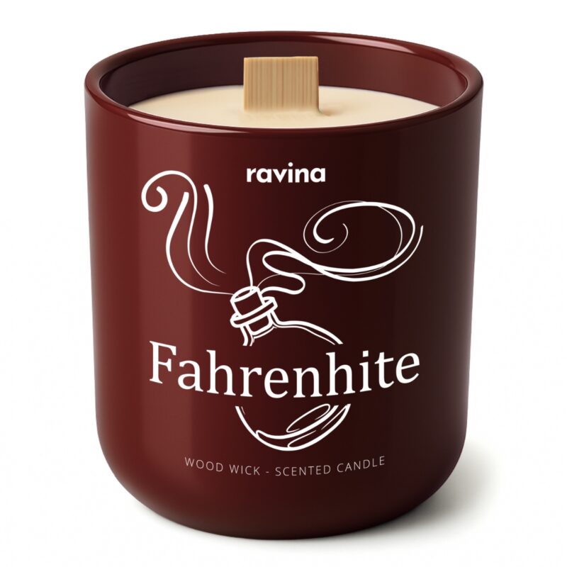 Fahrenhite Duftkerze von Ravina in handbemaltem Glas, inspiriert von Dior Fahrenheit, holzig-ledriger Herrenduft mit Veilchenblatt, Zeder, Patchouli und Ambra