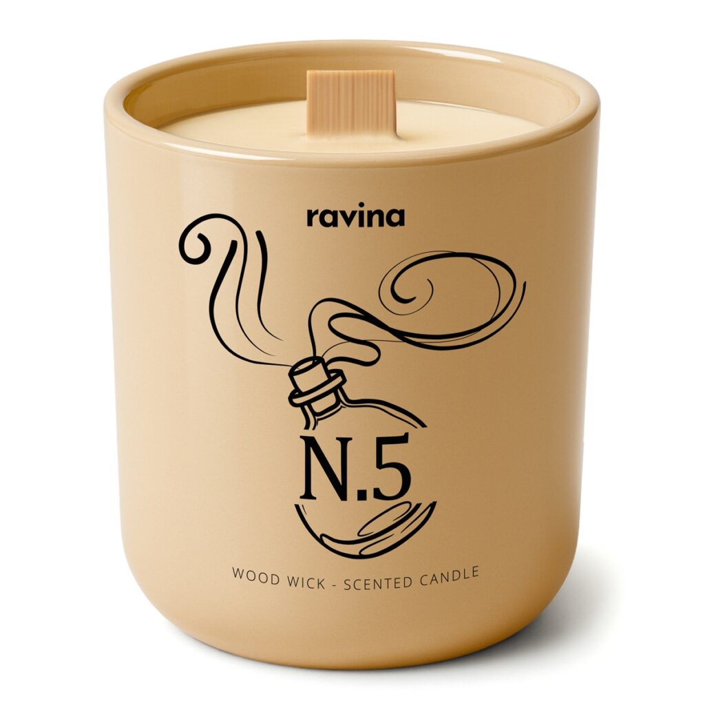 N.5 Duftkerze von Ravina in handbemaltem Glas, inspiriert von Chanel No. 5, blumig-pudrig, feminin und luxuriös mit Jasmin, Rose und Sandelholz