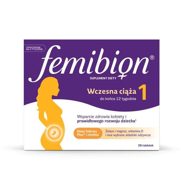 Femibion 1 Frühe Schwangerschaft, 28 Tabletten, Nahrungsergänzung mit Folsäure, Metafolin, Cholin, Eisen und Vitaminen