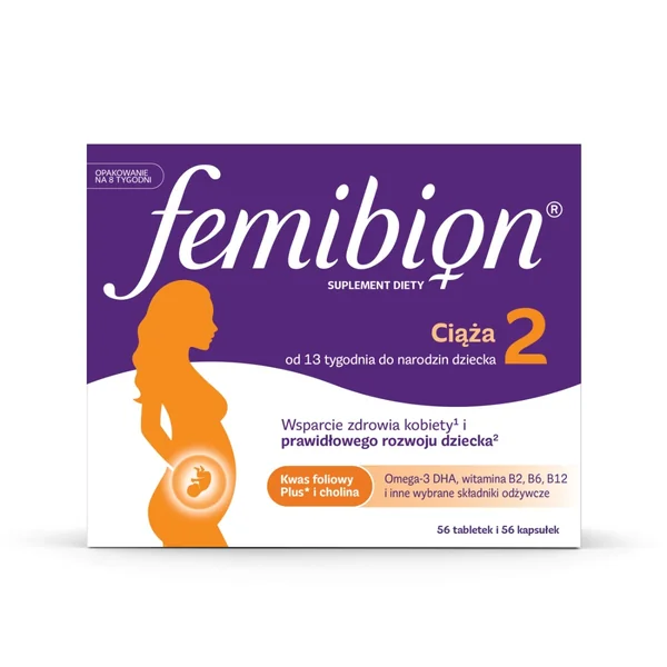 Femibion 2 Schwangerschaft Nahrungsergänzung 56 Tabletten + 56 Kapseln, unterstützt Gehirn- und Augenentwicklung des Babys