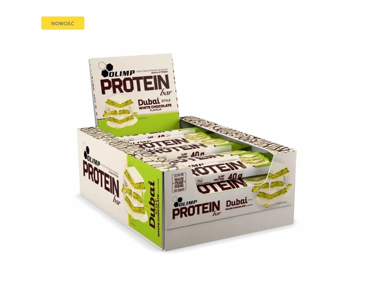 Olimp Protein Bar Dubai Style White Chocolate mit 39 % Pistazienpaste, knusprigem Kataifi-Teig und Protein, perfekter Snack für Sportler.