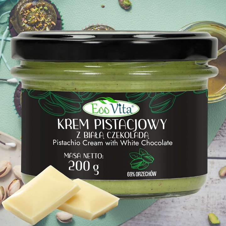 Pistaziencreme mit weißer Schokolade 200 g – cremiger Aufstrich aus 69 % Pistazien, perfekt für Brot, Desserts und Gebäck