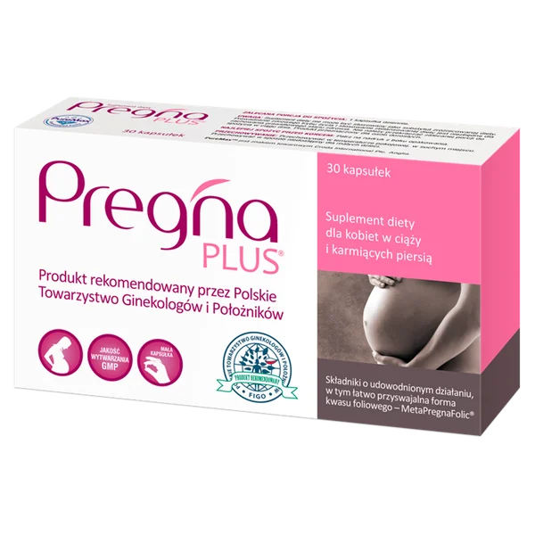 Pregna Plus Nahrungsergänzungsmittel für Schwangere und stillende Frauen, enthält Folsäure, Omega-3 und essentielle Vitamine.