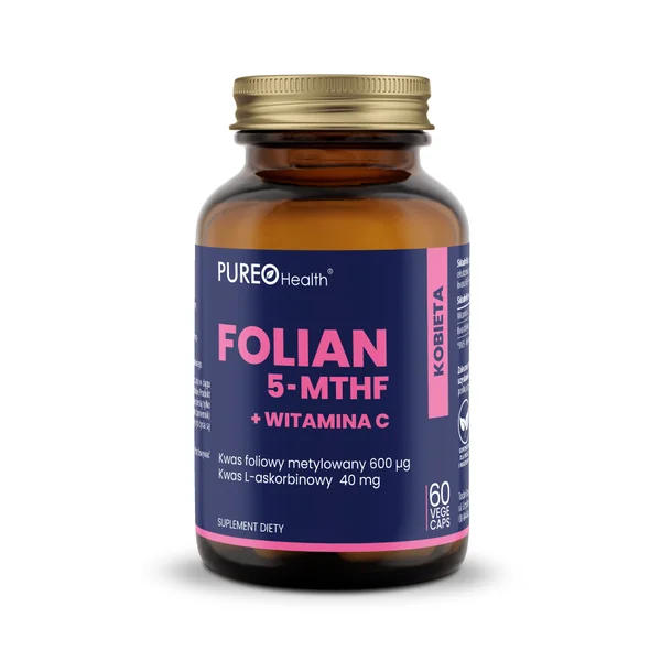 Pureo Health Folsäure 5-MTHF + Vitamin C, 60 Kapseln – veganes Supplement zur Unterstützung von Blutbildung, Zellteilung, Immunsystem und Nervensystem