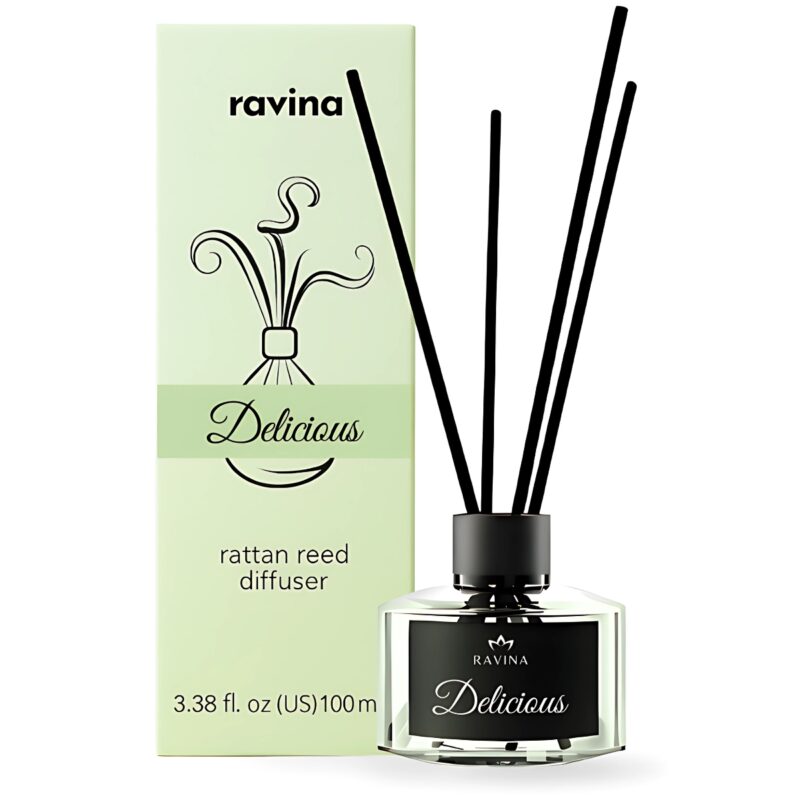 Rattanstäbchen-Diffusor „Delicious“ in eleganter Glasflasche, inspiriert von DKNY Be Delicious, mit frischen, fruchtigen und holzigen Duftnoten