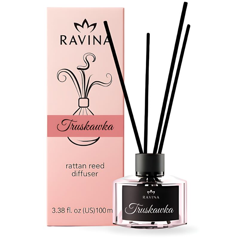 Rattanstäbchen-Diffusor „Erdbeere“ in Glasflasche mit süßem Duft von frischen Erdbeeren, Himbeeren und Vanille