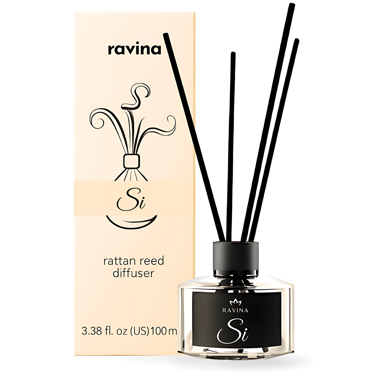 Stilvoller Stäbchen-Diffusor Si in eleganter Glasflasche, inspiriert von Armani Sì, für ein weibliches Raumambiente.